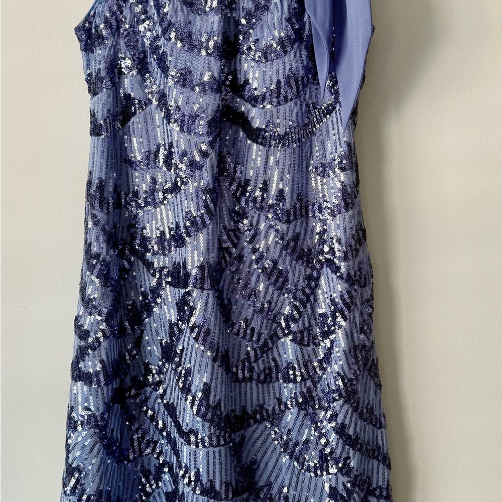 NWT JS COLLECTIONS Blue Halter Tie Bow Neck Dress Sz 4 Abstract Wave Sequins